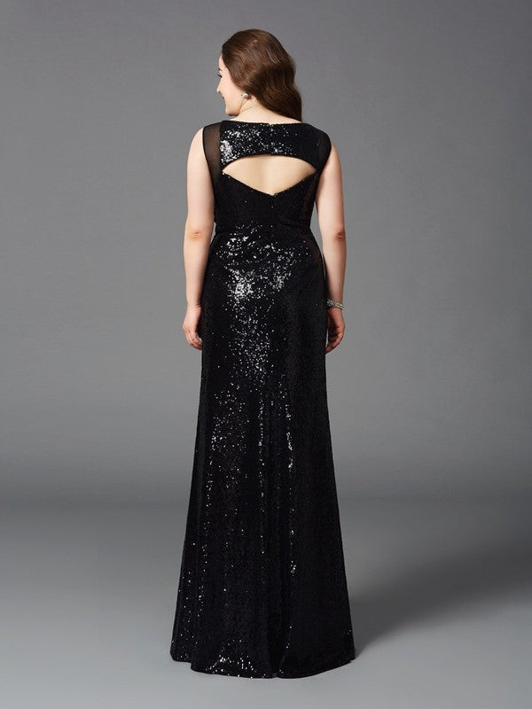 Vestidos largos de lentejuelas sin mangas con escote redondo y corte tubo/columna para tallas grandes